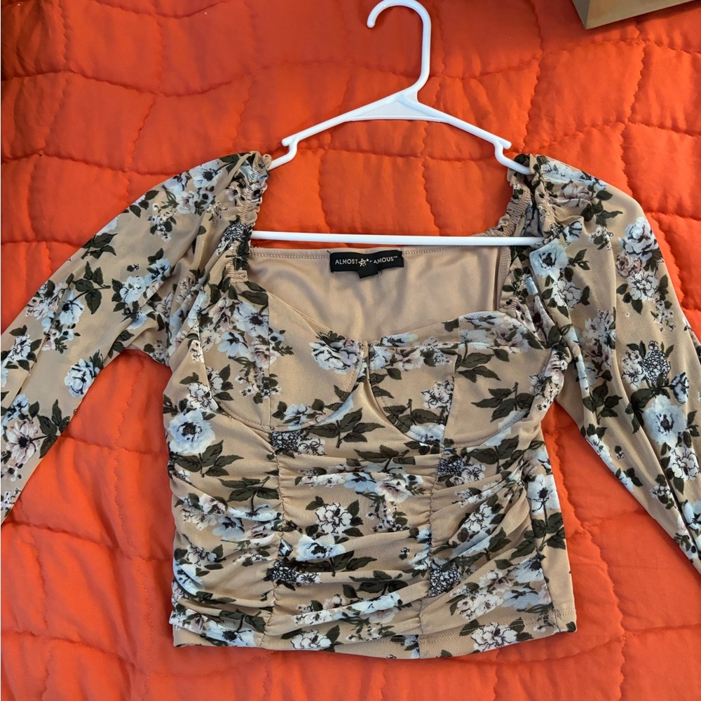Almost Famous Tan Floral Ruched Square-Neck Crop Top